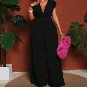 Black Semi-Formal V-Neck Pleated Jumpsuit